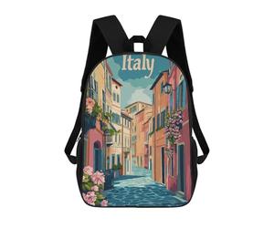 sinyumoney Italy Street Scene Children's Backpack, 3D Printed School Backpack, Backpack for Boys Girls, Adjustable School Bag for Primary School 17inch