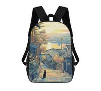 sinyumoney Japanese Street Scene with Black Cat Backpacks 3D Printed Kids School Backpack Outdoor Casual Daypack Fashion Casual Children Backpacks Cute Travel Bags 17inch