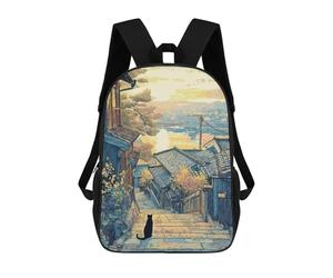 sinyumoney Japanese Street Scene with Black Cat Rucksack Computer Rucksack for School/Work/Travel for Teenage Girls Boys Women Men 17inch