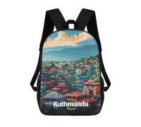 sinyumoney Kathmandu, Nepal Cityscape Illustration Kids School Backpack School Bag 3D Printed School Bag for Boys Elementary And Middle School Students 17inch