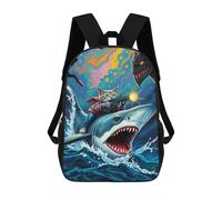 sinyumoney Kids 17inch Backpacks Cat with Guns Riding Shark Backpack 3D Printed School Bag Fashion Bag Travel Backpacks School Bags for in School Or Travel