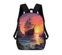 sinyumoney Kids 17inch School Bag Pirate Ship Sunset Adventure Children's School Backpack School Bookbag Fashion Casual Travel Rucksacks 3D Printed Funny Cool Book Bags