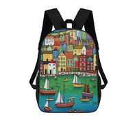 sinyumoney Kids Backpacks Backpack School Backpack Children School Bag Travel Rucksacks Book Bags 3D Printed Colorful Coastal Village Scene Backpack for Kids Boys And Girls 17inch
