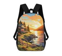 sinyumoney Kids Backpacks, Cabin by The Lake at Sunset Kids Backpack Student School Bag 3D Printed Bag Travel Backpacks Fashion Backpack Children Waterproof School Bags 17inch
