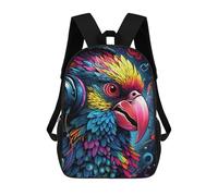 sinyumoney Kids Backpacks, Colorful Parrot with Headphones Kids Backpack Student School Bag 3D Printed Bag Travel Backpacks Fashion Backpack Children Waterproof School Bags 17inch