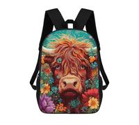 sinyumoney Kids Backpacks Floral Highland Cow Art Print Backpack School Backpack Children School Bag Travel Rucksacks Book Bags 3D Printed Backpack for Kids Boys And Girls 17inch