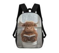 sinyumoney Kids School Backpack 3D Printed Cartoon Highland Cow Reading on Toilet 17 Inch Backpack Rucksack Sports Backpacks for Boys And Girls Fashion Knapsack