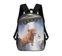 sinyumoney Kids School Backpack 3D Printed Cute Travel Bags Alien Abduction of Highland Cow with Coffee Children Outdoor Casual Daypack Backpacks for Girls Women 17inch