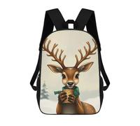 sinyumoney Kids School Backpack 3D Printed Cute Travel Bags Christmas Deer Holding A Coffee Cup Children Outdoor Casual Daypack Backpacks for Girls Women 17inch