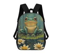 sinyumoney Kids School Backpack 3D Printed Cute Travel Bags Frog on Lily Pads Painting Frog on Rustic Wood Children Outdoor Casual Daypack Backpacks for Girls Women 17inch