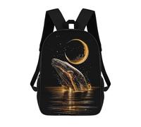 sinyumoney Kids School Book Bag Golden Whale Leaping Under Crescent Moon Children's School Backpack Fashion Casual Travel Rucksacks 3D Printed Funny Cool Book Bags 17inch