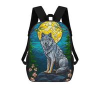 sinyumoney Kids School Book Bag Stained Glass Wolf Under Moonlight Children's School Backpack Fashion Casual Travel Rucksacks 3D Printed Funny Cool Book Bags 17inch