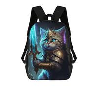 sinyumoney King Cat with Sword Children's Backpack, 3D Printed School Backpack, Backpack for Boys Girls, Adjustable School Bag for Primary School 17inch