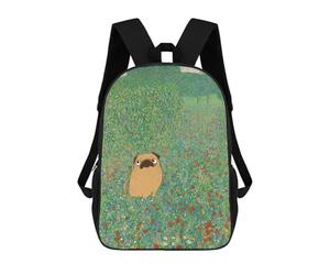 sinyumoney Klimt Poppies Pug Flowers Backpack School Daypacks Business Backpack Water Resistant Bookbag for Men, Women & Teenage Boys 17inch