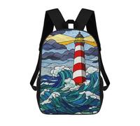 sinyumoney Lighthouse Stained Glass Ocean Waves School Backpack Large Lightweight Casual Backpack for Boys/Girls/Teenagers 17inch
