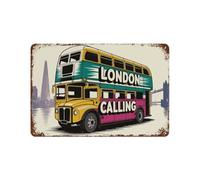 sinyumoney London Calling Double Decker Bus Illustration Metal Retro Wall Poster Decor for Bar Kitchen Garden Iron Wall Art Decoration 7.9"x11.8"