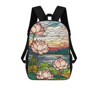 sinyumoney Lotus Flowers Stained Glass School Bags High Secondary School Bags Casual Backpack for Campus Outdoor Travel Sports 17inch