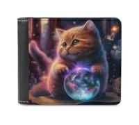 sinyumoney Magical Kitten with Crystal Ball 3D Print PU Leather Wallet Multiple Slots Banknote Compartments Stylish Durable Men's Wallets Gifts 11.7cm*9.5cm