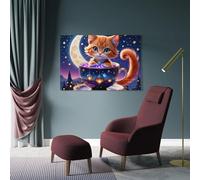 sinyumoney Magical Night Tea Cup Cat Art Work for Home Walls Wall Decor Ready to Hang for Bathroom Toilet Decor Large Canvas Wall Art for Living Room 16x24inch(40x60cm)