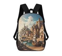sinyumoney Medieval Coastal Village Backpack School Backpack Kids School Bag Large Capacity Kids Backpack for School Rucksack 3D Book Bag Gifts for Kids 17inch