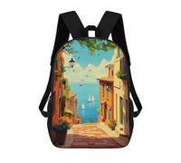sinyumoney Mediterranean Street View Children’s Backpack Girls Boys, 17 Inch Rucksack Bag, Daypack, Primary School, Perfect for Back to Kids