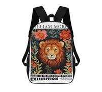 sinyumoney Morris Floral Lion Exhibition Children's Backpack, 17 Inch 3D Printed School Backpack, Backpack Cartoon Adjustable School Bag for Primary School
