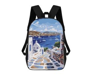 sinyumoney Mykonos Greek Island Backpack, Children's Backpack, Student School Bag Bookbag Rucksack, 3D Printed School Bag for Boys Girls 17inch