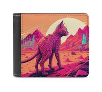 sinyumoney Neon Cat in Futuristic Landscape 3D Print PU Leather Wallet Multiple Slots Banknote Compartments Stylish Durable Men's Wallets Gifts 11.7cm*9.5cm