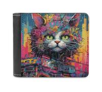 sinyumoney Neon City Cat Artwork 3D Print Wallet Slots ID Window RFID Blocking Banknote Compartments Slim Elegant Leather Wallet Youth Guys 11.7cm*9.5cm