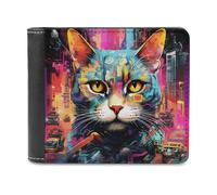 sinyumoney Neon City Cat Portrait 3D Print PU Men's Leather Wallet Safe Protection Card RFID Blocking Leather Wallet 11.7cm*9.5cm