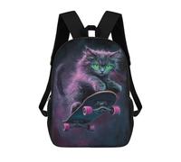 sinyumoney Neon Skateboarding Cat Art Print Backpacks Kids 17inch School Backpack School Bag 3D Printed School Bag for Boys Elementary And Middle School Students