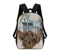sinyumoney Neuschwanstein Watercolor Backpacks Kids School Backpack School Bag 3D Printed Fashion School Bags for Boys Elementary And Middle School Students 17inch