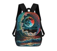 sinyumoney Ocean Wave Moon Painting Kids School Backpack 3D Printed Fashion School Bag Casual School Bag for Boys Elementary And Middle School Students 17inch