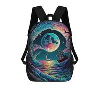 sinyumoney Ocean Wave Moonship Backpack School Water Resistant Travel Backpack Computer Bag for Girls Boys Teenage 17inch