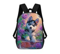 sinyumoney Painted Husky with Flowers Backpack School Bag High Secondary School Bags Casual Backpack for Teenage Girls Boys Women Men 17inch