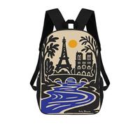 sinyumoney Paris, France Illustration with Eiffel Tower 3D Printed 17 Inch School Backpack Children's Backpacks 3D Printed Cool Knapsack for Boys Elementary And Middle