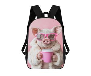 sinyumoney Pig Wearing Glasses Holding Coffee Cup Backpack School Bag Computer Rucksack for School/Work/Travel for Camping Outdoor Adventures And Daily Travel 17inch
