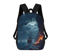 sinyumoney Pirate Ship Attack by Moonlight 3D Printed School Bag Children's School Backpack Schoolbags Travel Backpacks Casual Fashion Bag for Kids School Students 17inch