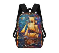 sinyumoney Pirate Ship Stained Glass Kids School Backpack School Bag 3D Printed School Bag for Boys Elementary And Middle School Students 17inch