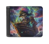 sinyumoney Pirate Skull Captain on A Colorful Ship 3D Print PU Leather Men's Wallet Holds Bills Credit Banknote Compartments Wallets Youth Guys 11.7cm*9.5cm