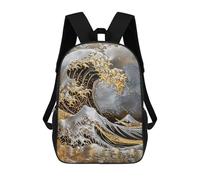 sinyumoney Precious Metal Japan Wave 17 Inch Backpacks Kids Schoolbag,3D Printed Elementary And Middle School Students Backpacks for Boys Girls