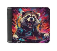 sinyumoney Raccoon DJ in Action 3D Print Clutch Purse Coin Pocket ID Leather RFID Slots Note Section Leather Men's Wallet 11.7cm*9.5cm