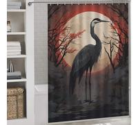 sinyumoney Red Moon And Black Stork Washable Waterproof Cloth Fabric Bathroom Decor Curtains for Bathroom Wet Room 64.17x70.87Inch（163x180cm）