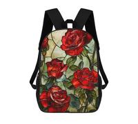 sinyumoney Red Roses Stained Glass School Backpack Lightweight Casual Daypack School Backpacks for Boys/Girls/Teenagers 17inch