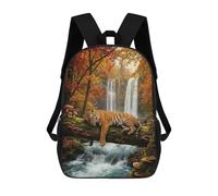 sinyumoney Resting Tiger by Waterfall in Autumn Backpacks, Kids Backpack Student School Bag 3D Printed Travel Backpacks Fashion Accessory Backpack Children Waterproof School Bags 17inch