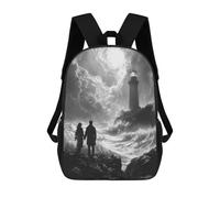 sinyumoney Romantic Stormy Shore with Lighthouse - Charcoal Art Backpacks Kids School Backpack School Bag 3D Printed School Bag for Boys Elementary And Middle School Students 17inch