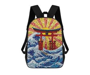 sinyumoney School Student Backpack Mosaic Torii Gate And Ocean Waves Children's School Backpack 3D Printed Fashion Travel Rucksacks Boy School Bag 17inch