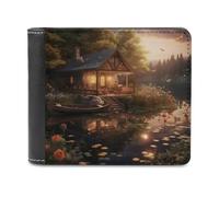 sinyumoney Serene Lakeside Cottage 3D Print PU Leather Wallet Use Holds Bills Leather RFID Banknote Compartments Fashion Slim Wallets 11.7cm*9.5cm