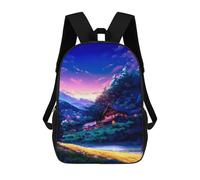 sinyumoney Serene Mountain Village Twilight Children's Backpack, 3D Printed School Backpack, Backpack for Boys Girls, Adjustable School Bag for Primary School 17inch