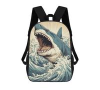 sinyumoney Shark Japan Great Wave Children's Backpack, 3D Printed School Backpack, Backpack for Boys Girls, Adjustable School Bag for Primary School 17inch